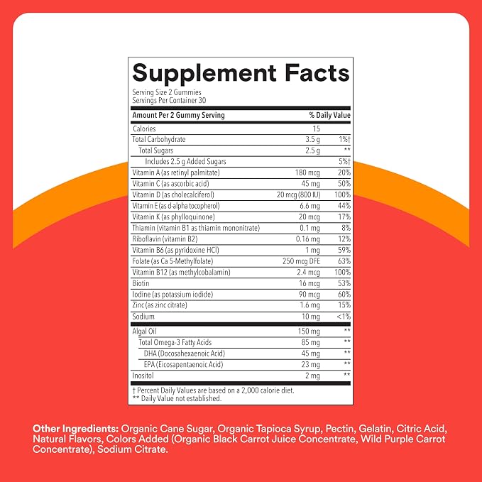 SmartyPants Kids Multivitamin Gummies, Omega 3 (DHA/EPA), Vitamins D3, C, B12, B6, Vitamin A, K & Zinc, Gluten Free, Cherry Berry Punch Flavors, 60 Count (30 Day Supply)
