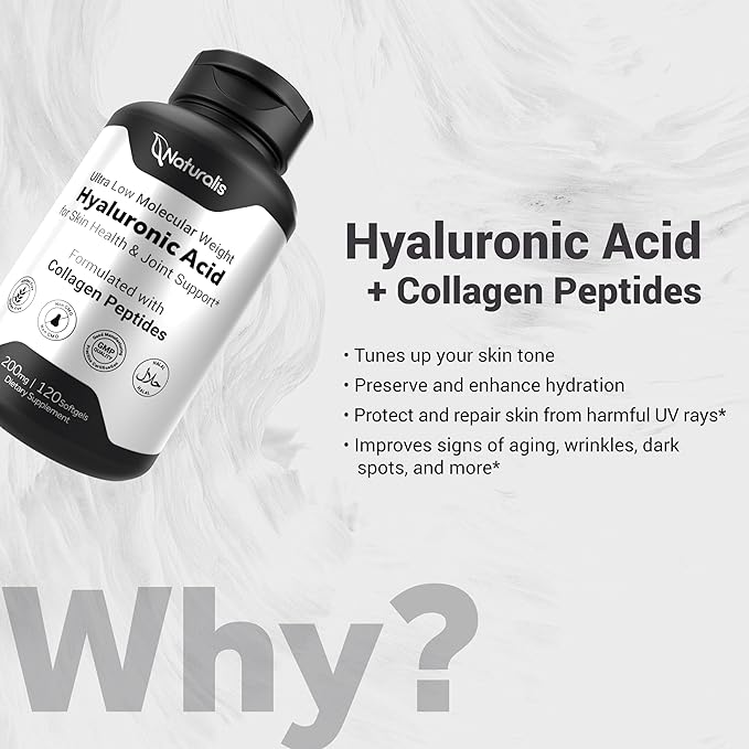 Naturalis Hyaluronic Acid 200mg, 10x Better Absorption Ultra Low Molecular Weight with Collagen, Biotin, Selenium & Vitamin E | Hair, Skin, Nails & Joint Supplements | 120 Softgels