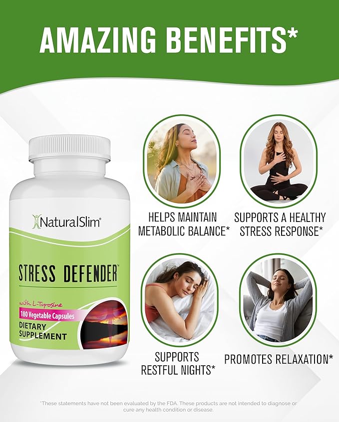 NaturalSlim Stress Relief Supplement - Stress Defender, High Cortisol Reducer, Control Cravings, Sleep & Metabolism Support with Vitamin B5 Pantothenic Acid & L Tyrosine 180 Vegetable Capsules 2 Pack