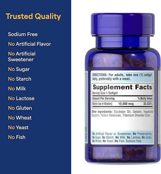 Puritan's Pride Premium Ultra Mega Biotin 10,000mcg, Dietary Supplement for Healthy Hair, Skin, Nails, and Energy Metabolism Support, 100 Day Supply, 100 Rapid Release Softgels