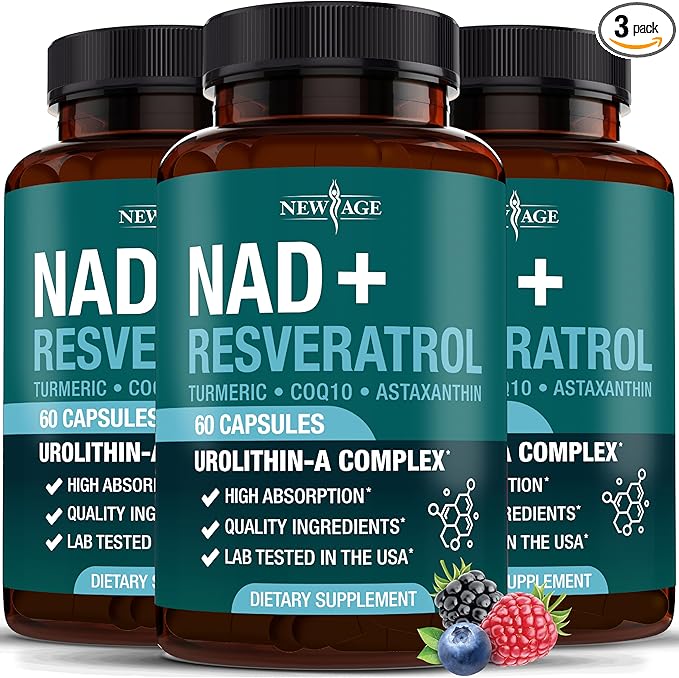 NEW AGE NAD+ Supplement Complex – NAD+ 300 mg with Astaxanthin, Urolithin A, Resveratrol, CoQ10 & Antioxidant Blend – Cellular Energy, Mitochondrial Support or Women & Men – Vegan, Non-GMO- 180 Count