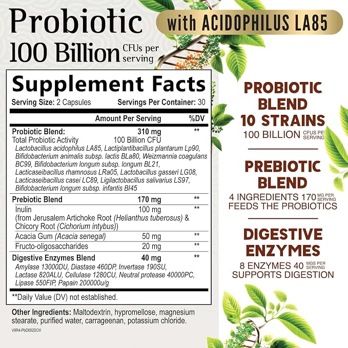 Probiotics 100 Billion CFU per Serving - 10 Strains & Prebiotics - Digestive Health, Gut & Immune Support - Supports Occasional Constipation, Gas & Bloating - Shelf Stable Bottled USA - 60 Capsules
