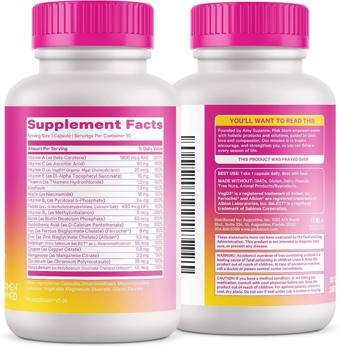 Pink Stork Total Women's Multivitamin - 19 Essential Vitamins for Women & Nutrients – Energy, Metabolism, Hormone, Immune & Mood Support – B6, B12, Biotin, Iron & Zinc – 30 Capsules
