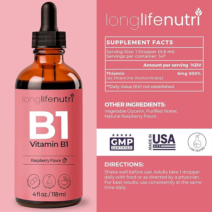 LongLifeNutri Vitamin B1 Liquid Drops - Thiamine Mononitrate Organic Supplement for Energy and Nerve Health, Fast Absorption, 4 FL OZ, 5-Month Supply, Lab Tested, Made in USA