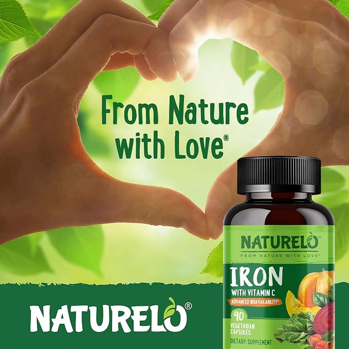 NATURELO Vegan Iron Supplement with Vitamin C and Organic Whole Foods - Gentle Iron Pills for Women & Men with Iron Deficiency Including Pregnancy, Anemia and Vegan Diets - 90 Mini Capsules