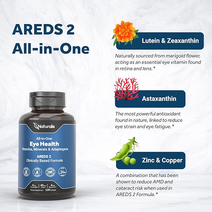 Naturalis Areds2 Clinically Based Eye Supplement | Lutein, Zeaxanthin, Astaxanthin, Bilberry, Blueberry, Cranberry & Grape Seed Adaptogen Blend | 120 Vision Essential Softgels