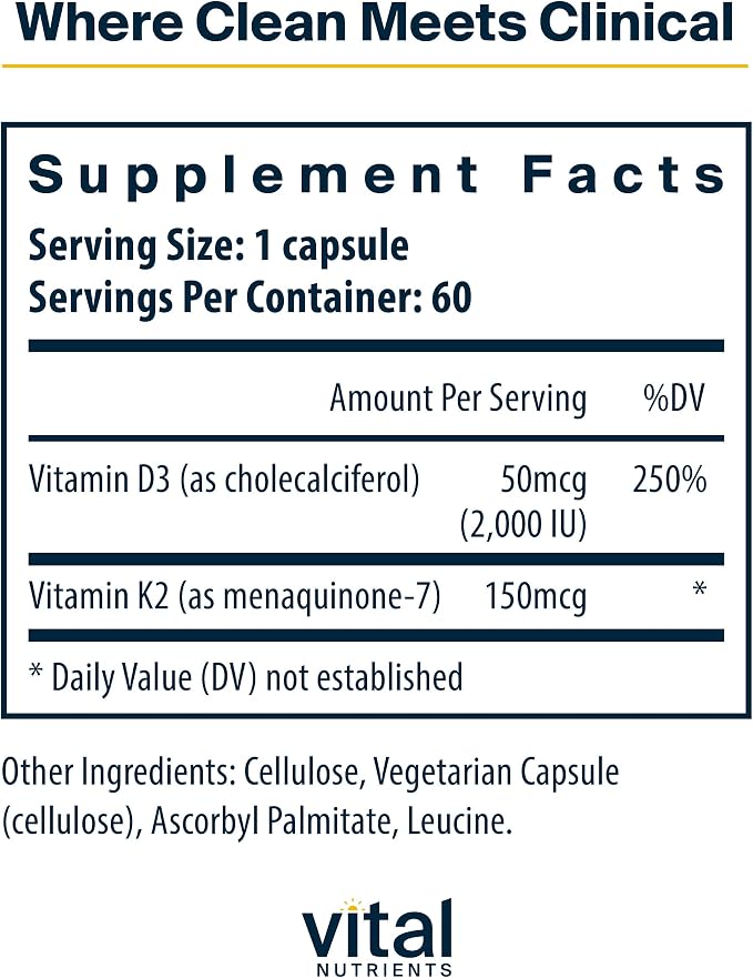 Vital Nutrients Vitamin D3 + K2 | 2000 IU | Vitamin D3 K2 Supplement | Vitamin D Complex for Healthy Calcium Levels, Muscle & Bone Health | Gluten, Dairy, Soy Free | 60 Capsules