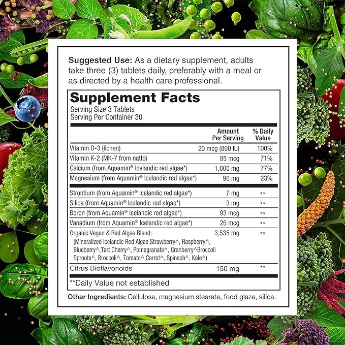 PlantFusion Vegan Calcium, Premium Plant Based Calcium (1000mg) Sourced from Icelandic Red Algae, Plus Magnesium, D3, K2, and Boron, 90 Vegan Tablets