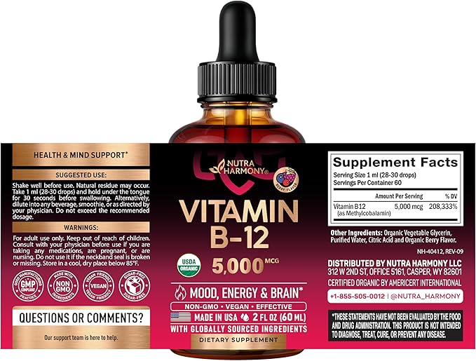 USDA Organic Vitamin B12 Sublingual Drops - 5000 mcg Liquid Vegan Methylcobalamin for Women & Men - Energy Boost, Focus & Mood, Brain Health Support - Maximize Absorption - 2 Month Supply, 2 fl oz