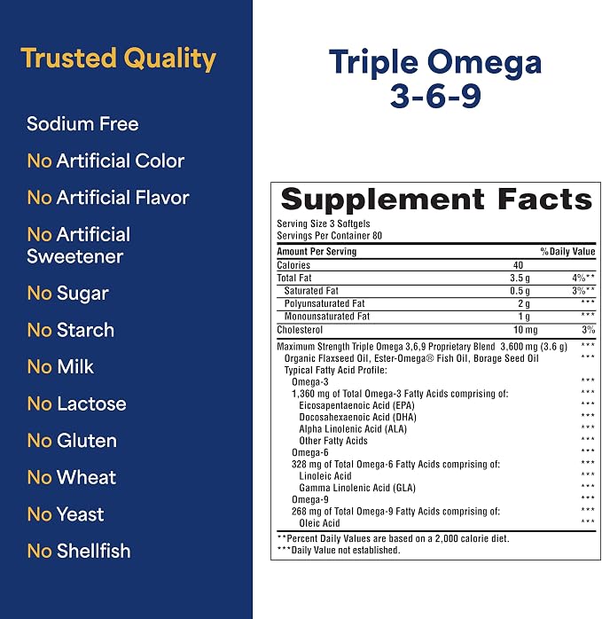 Puritan's Pride Premium Maximum Strength Triple Active Omega 3-6-9 Fish, Flax, and Borage Oils, Dietary Supplement for Heart, Joint, and Cellular Health Support, 240 Rapid Release Softgels