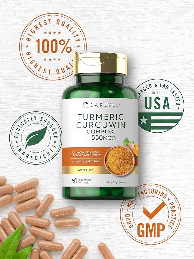 Carlyle Turmeric Curcumin 550mg | 60 Vegetarian Capsules | High Absorption with 95% Curcuminoids and CurcuWin Extract | Non-GMO & Gluten Free Supplement