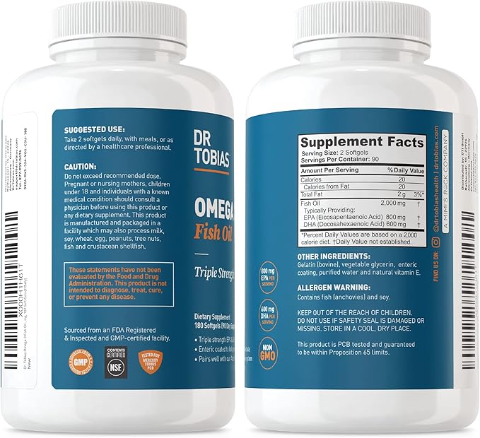 Dr. Tobias Omega 3 Fish Oil 2000mg Triple Strength with 800mg EPA 600mg DHA Per Serving | Fish Oil Omega 3 Supplements for Heart Brain & Immune Support - 360 Softgels (180 Servings)