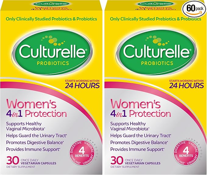 Culturelle 4-in-1 Probiotics for Women, Daily Probiotic & Prebiotic Supplement to Support Vaginal Health, Digestive Health, Immune Health, Occasional Diarrhea, Gas & Bloating Relief, Non-GMO, 30 Count