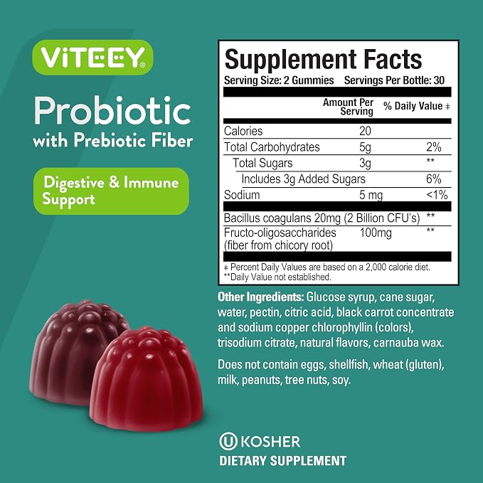 VITEEY Probiotic Gummies with Prebiotics – Gut Health Supplements for Digestive Health – 2 Billion CFUs – Vegan, Gluten-Free – 120 Count