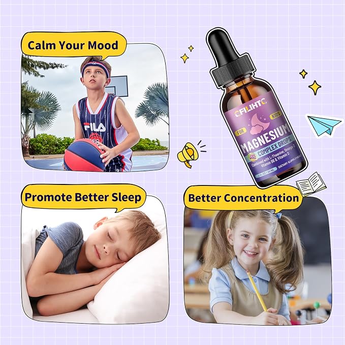 Kids Magnesium Liquid Drops-Magnesium Glycinate Liquid for Kids Supplement-w/L-theanine, Omega-3, Vitamin B6, D3 - for Sleep, Relaxation, Brain, Bones - Grape Flavor, 2 Fl Oz