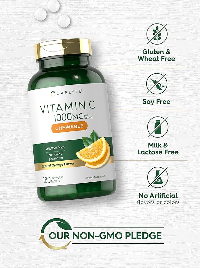 Carlyle Vitamin C Chewables | 1000mg | 180 Tablets | Vegetarian, Non-GMO, Gluten Free Supplement
