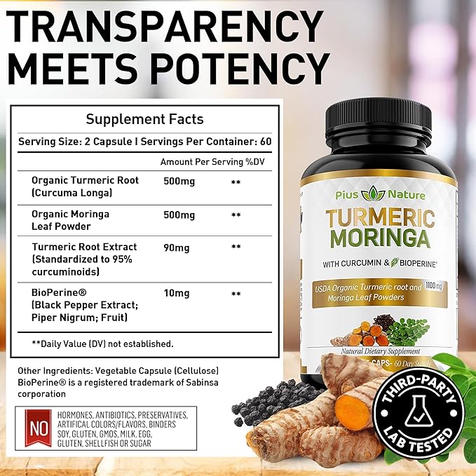 PIUS NATURE Turmeric Moringa - Organic Turmeric Curcumin Supplements and Organic Moringa Powder - 120 Veggie Capsules Supplement for Women and Men