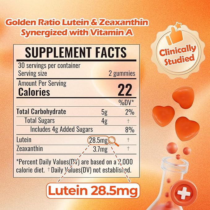 Lutein Gummies (60 Gums). Gummies for Eyes with Lutein (28.5 mg), Zeaxanthin and Vitamin A (30 Day Pack), Orange Flavor, Vegan, Non-GMO, Gluten-Free, Supports Eye Health