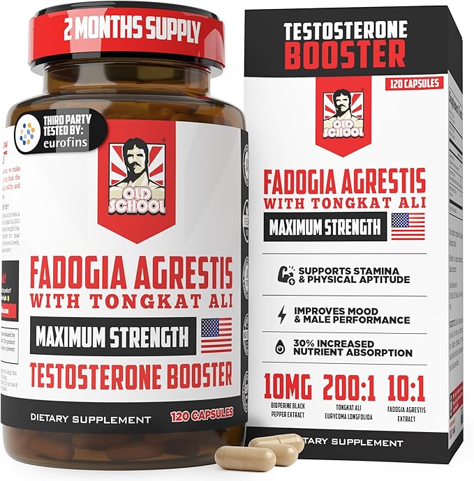 Old School Labs Testosterone Supplement for Men – Fadogia Agrestis 1500mg Max Potency + Tongkat Ali & BioPerine® – Muscle Growth, Recovery, Drive & Stamina – 120 Caps, 40 Servings
