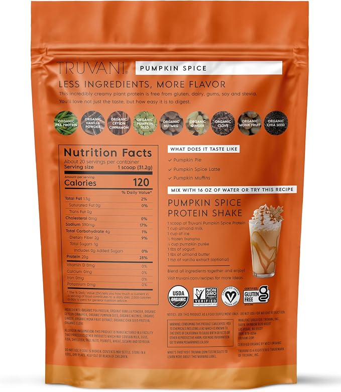 Truvani Vegan Pea Protein Powder | Pumpkin Spice | 20g Organic Plant Based Protein | 20 Servings | Keto | Gluten & Dairy Free | Low Carb | No Added Sugar