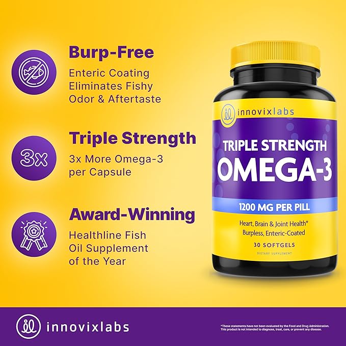 InnovixLabs Triple Strength Omega 3 Supplement, Burpless Fish Oil for Women and Men - 900 mg EPA & DHA, Brain & Joint Support, Award Winning & Third-Party Tested, 30 Softgels