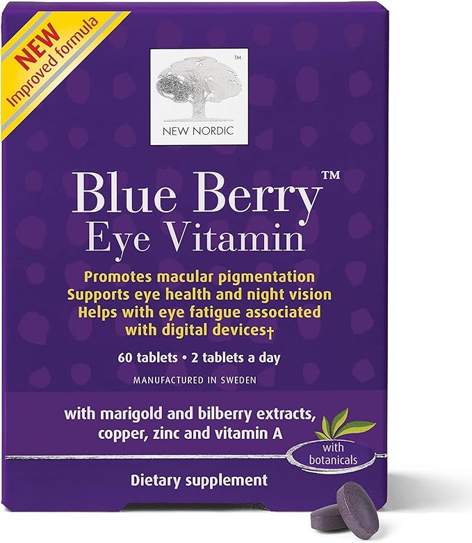 NEW NORDIC Blue Berry Eye Vitamin Lutein Supplement with Zinc, Supports Macular Pigmentation, Eye & Vision Function, 60 Tablets (Pack of 1)