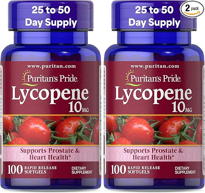 Puritan's Pride Premium Lycopene 10mg, Dietary Supplement for Prostate, Antioxidant, Heart Health, and Overall Health Support, 100 Softgels (Pack of 2)