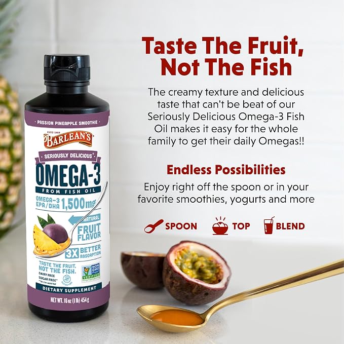 Barlean's Omega 3 Fish Oil Liquid Supplement for Men and Women, 1500mg of EPA and DHA Fatty Acid, Promotes Brain & Heart Health - Non-GMO, Passion Pineapple Smoothie, 16 oz