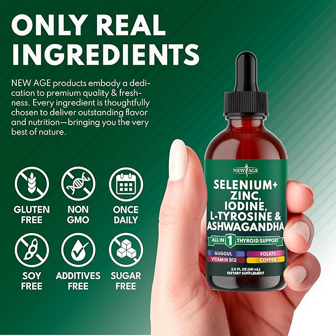 Thyroid Support Drops - Selenium, Zinc, Iodine, L Tyrosine, Ashwagandha, Turmeric, Schisandra Guggu, Cayenne, Basil - Liquid Supplement Folate Copper Alcohol -Free, Vegan, Non-GMO – 2 oz