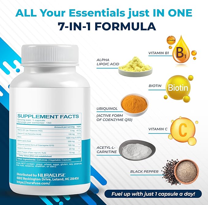 Alpha Lipoic Acid with Coenzyme Q10, Vitamin B, Vitamin C, Biotin, Acetyl-L-Carnitine - Support Cellular Health, Brain Wellness