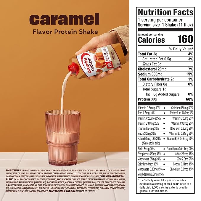 Premier Protein Shake, Caramel, 30g Protein, No Added Sugar, 24 Vitamins & Minerals to Support Immune Health, 11 fl oz, 12 Pack