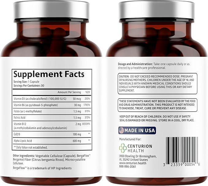 Puralor DN Nerve Support Supplement, Advanced Neuropathy Support Supplement with Alpha Lipoic Acid, CoQ10, Folate, Vitamin B12 and Vitamin D3, Non-GMO, Vegan, 30 Capsules