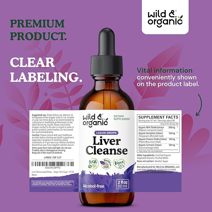 Wild & Organic Liver Cleanse Tincture - Liver Detox Formula with Milk Thistle, Dandelion Root, Chanca Piedra Stone Breaker Extract - Herbal Supplement - Vegan, Sugar & Alcohol-Free Liquid Drops - 2 oz