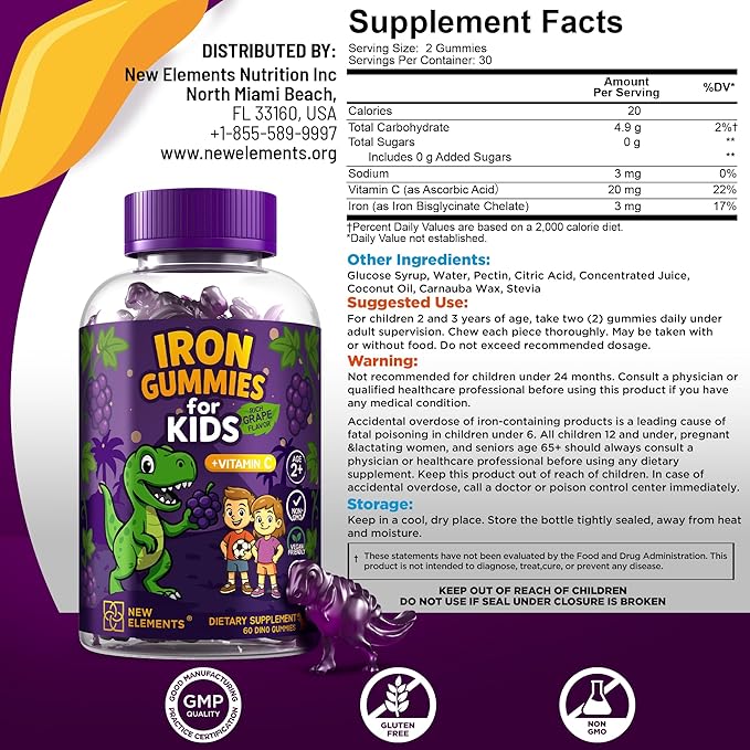 New Elements Iron Dinosaur Gummies for Kids with Vitamin C | Sugar-Free, Vegan, Gluten-Free & Non-GMO | Anemia Relief, Energy & Blood Health Support | Grape Flavor, Pectin-Based for Optimal Health