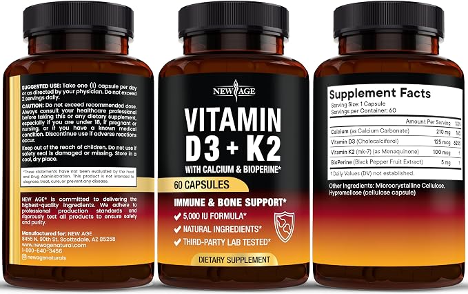 NEW AGE Vitamin D3 5,000 IU + K2 MK-7 100 mcg - 2-in-1 Bone, Immune & Heart Support, Easy to Swallow, Non-GMO - 120 Capsules