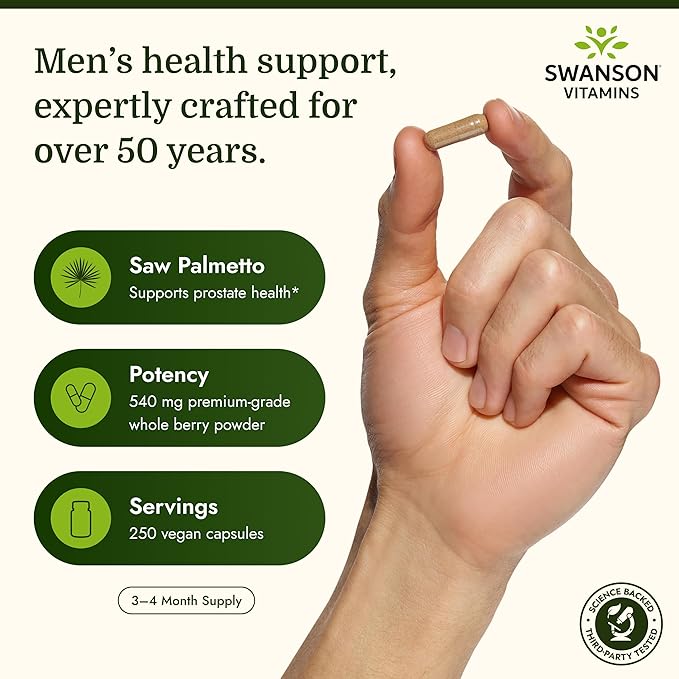Swanson Saw Palmetto Full Spectrum Herbal Supplement for Men Seeking Prostate, Hair, and Urinary Health Support - 540 mg (250 Vegan Capsules)