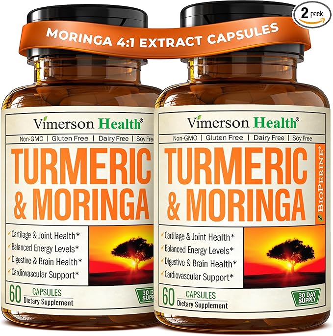 Moringa Turmeric Curcumin Supplement for Joint Health, Gut Health, Energy & Immune Support – Turmeric Curcumin with Black Pepper – Total Wellness Formula with Tumeric Moringa Pure Capsules – 2 Pack