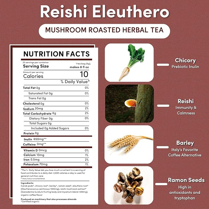 Teeccino Reishi Eleuthero Tea - French Roast - Organic Mushroom Adaptogenic Herbal Tea, 3x More Herbs than Regular Tea Bags, Caffeine Free, Chicory Prebiotic - 25 Tea Bags