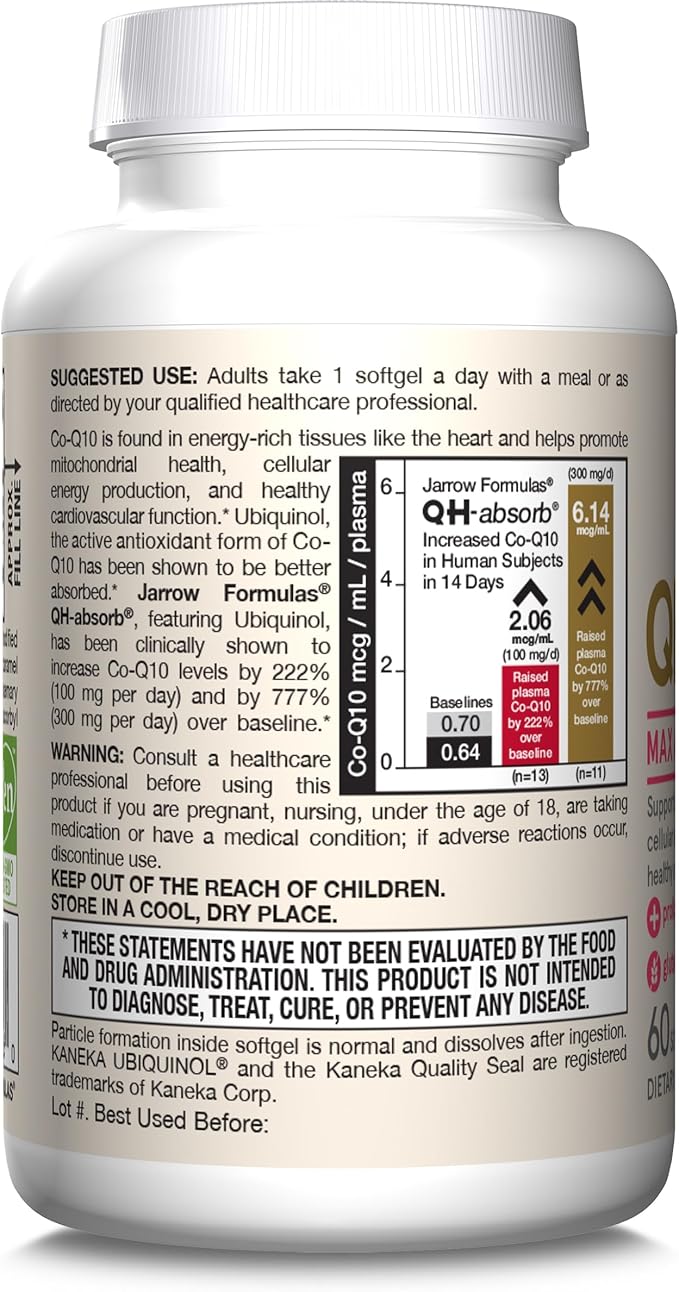 Jarrow Formulas QH-absorb 200 mg - High Absorption Co-Q10 - Active Antioxidant Form of Co-Q10 - Supports Mitochondrial Energy Production &Cardiovascular Health - Up to 60 Servings
