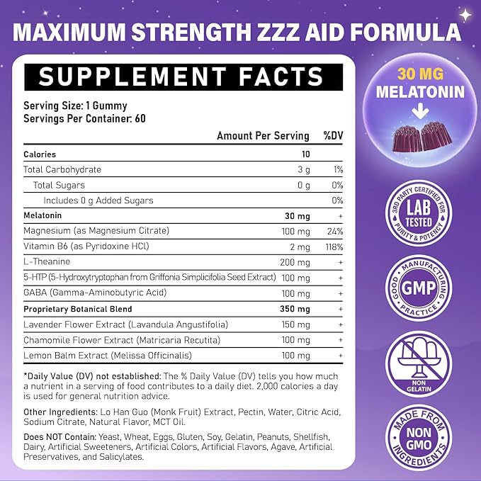 Melatonin 30mg Gummies for Adults - Sugar Free Melatonin Gummies Maximum Strength with Magnesium, B6, GABA & Botanical Blend - Non-Habit Forming,Vegan, Non GMO, Natural Mixed Berry Flavor