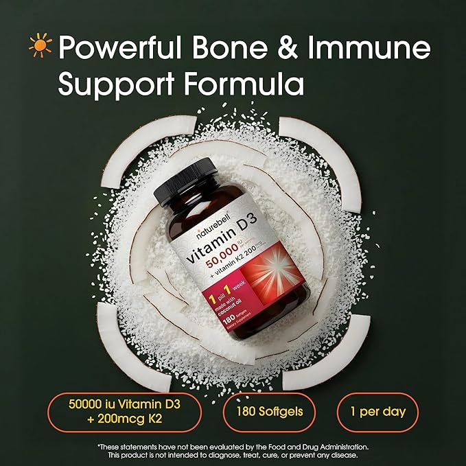 NatureBell Vitamin D3 50,000 IU with Vitamin K2-180 Softgels - High-Potency Bone & Immune Support* - Easy Absorption with Coconut Oil - Non-GMO & Gluten-Free