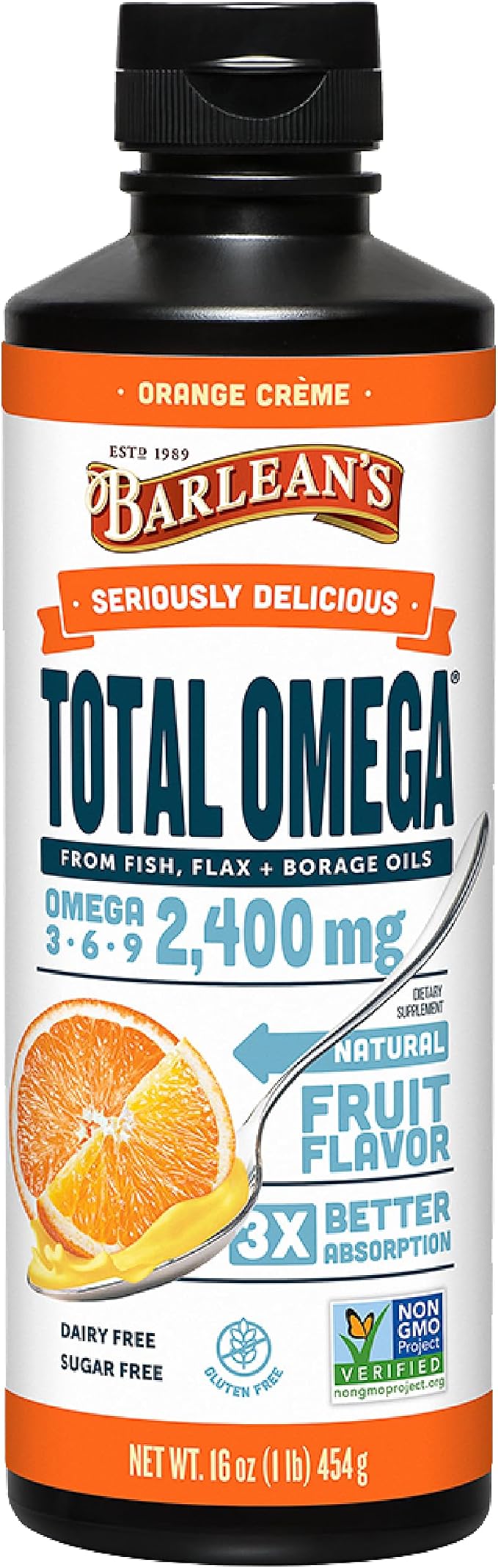 Barlean's Total Omega 3 6 9 Liquid Fish Oil Supplement with Borage and Flaxseed Oil, Orange Crème, 2,400 mg of EPA, DHA and GLA Fatty Acids, 16 oz