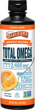 Barlean's Total Omega 3 6 9 Liquid Fish Oil Supplement with Borage and Flaxseed Oil, Orange Crème, 2,400 mg of EPA, DHA and GLA Fatty Acids, 16 oz