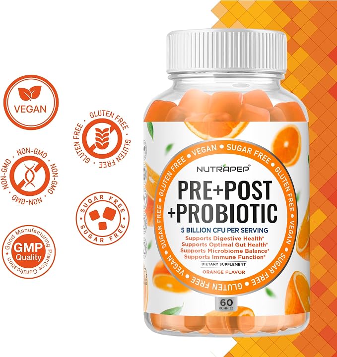 NutraPep Prebiotic Probiotic & Postbiotic Gummies for Women Men & Kids Children - High Potency 5 Billion CFU - Sugar-Free & Gluten Free