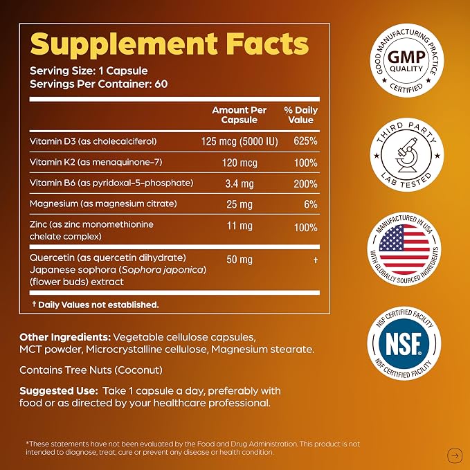 Sandhu's Vitamin D3 K2 Magnesium 5000 IU, 120mcg K2 Capsules 60 Count (Pack of 1) | with VIT B6, Zinc & Quercetin | D3K2 Supports Superior Absorption, Energy, Immune, Muscle Health for Men & Women