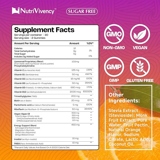 Methylated Vitamin B Complex Gummies, All B Complex Vitamins for Women Men, with Omega-3, Ashwagandha, Magnesium, Vitamin C, CoQ10, TMG for Energy Support, B1, B2, B3, B5, B6, B7, Sugar Free, 60 Count
