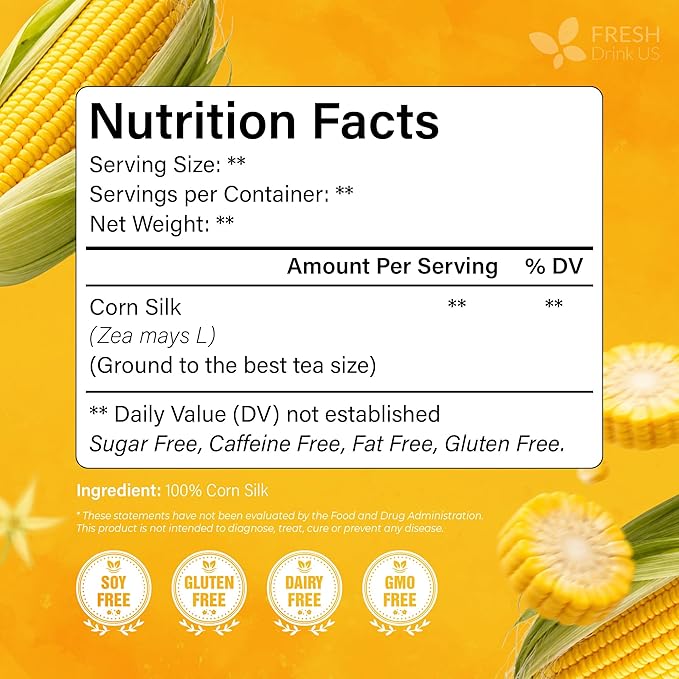 FreshDrinkUS, Premium 135 Tea Bags Corn Silk Tea, 100% Natural & Pure from Corn Silk. Herbal Tea. Clean Ingredients. Made with Natural Material Tea Bags. No Sugar, No Caffeine, Vegan.