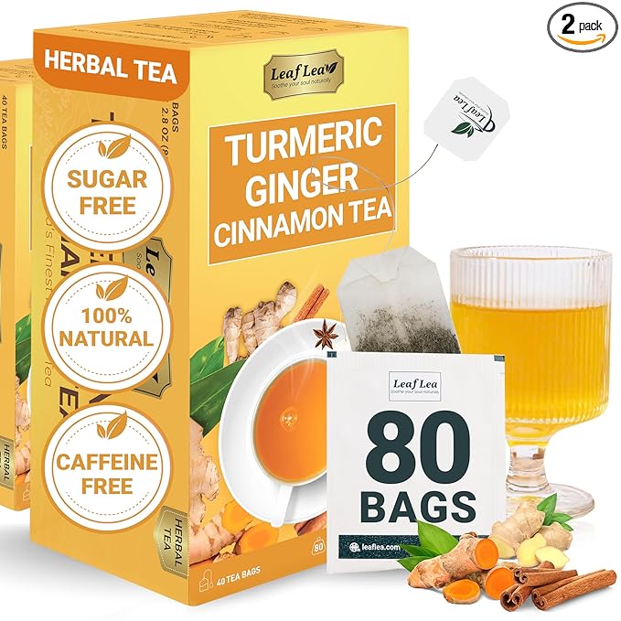 LeafLea Turmeric Tea with Ginger and Cinnamon, 80 Premium Turmeric Ginger Tea Bags, 100% Natural Ingredients Herbal Tea, Vegan, No Sugar, Caffeine-Free, Each Tea Bag Sealed for Fresh Flavor