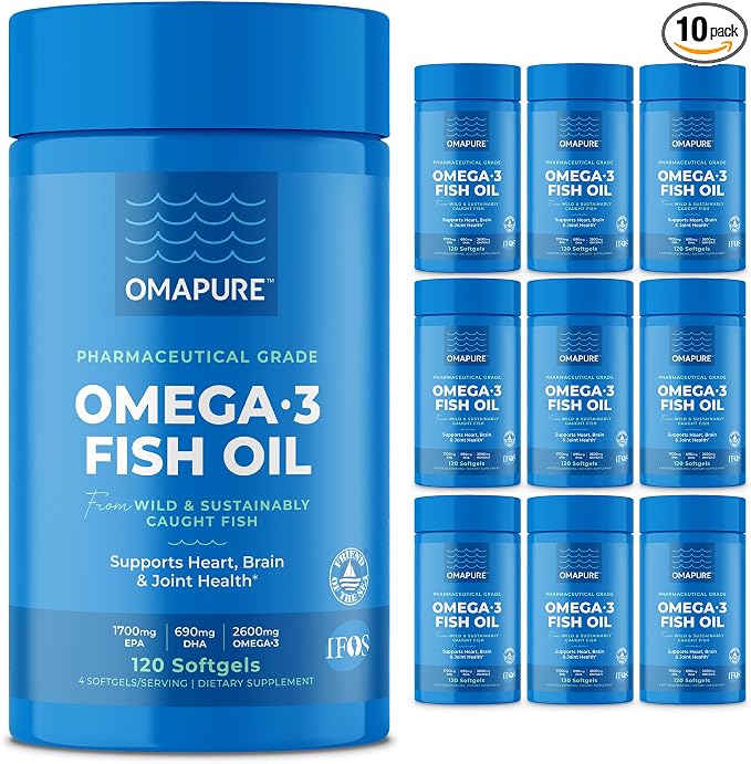 OMAPURE Wild Caught Omega-3 Supplements with High EPA & DHA (10 Bottles, 120 Softgels) - Burpless Formula Supports Heart & Joint Health, Promotes Brain Function
