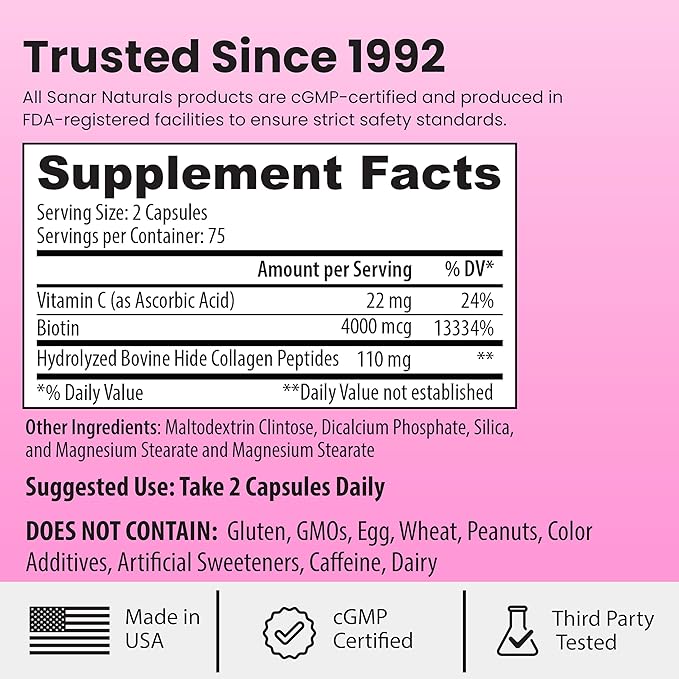 Sanar Naturals Collagen Pills with Biotin, Vitamin C - Supports Healthy Hair, Skin and Nails - Boost Hair Growth & Strong Nails - Collagen Biotin Supplement, 150 Capsules